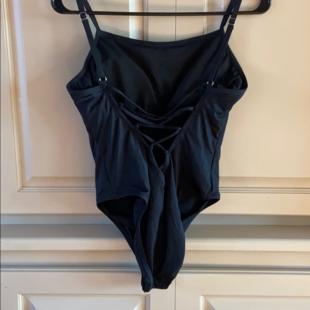 Black lace up back, full piece swimsuit